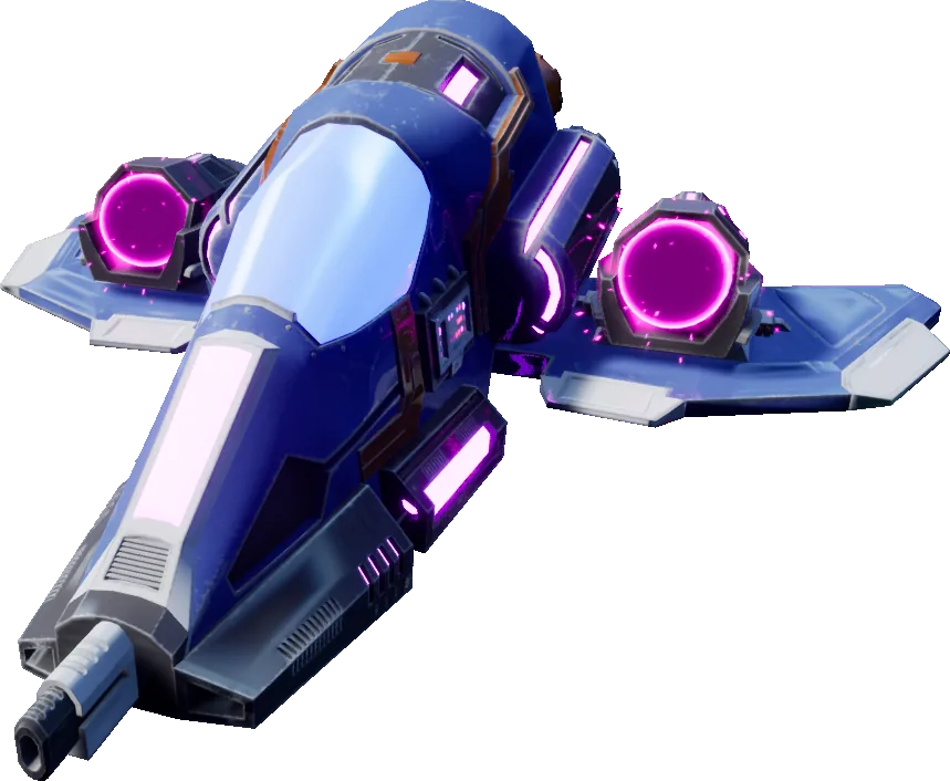 Shifter's blue fighter craft with glowing magenta thrusters.